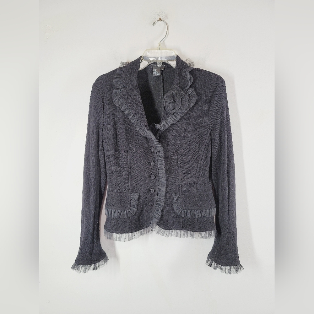 SPANNER Black Ruffle Trim Blazer, Size 6